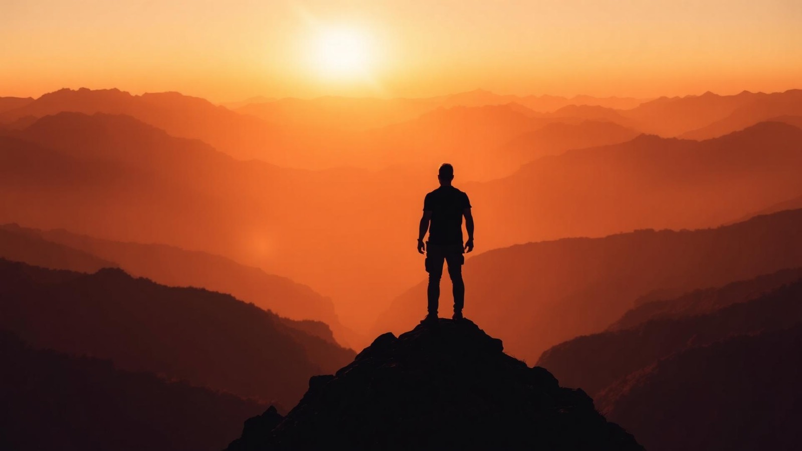 Person auf einem Berggipfel im Sonnenuntergang