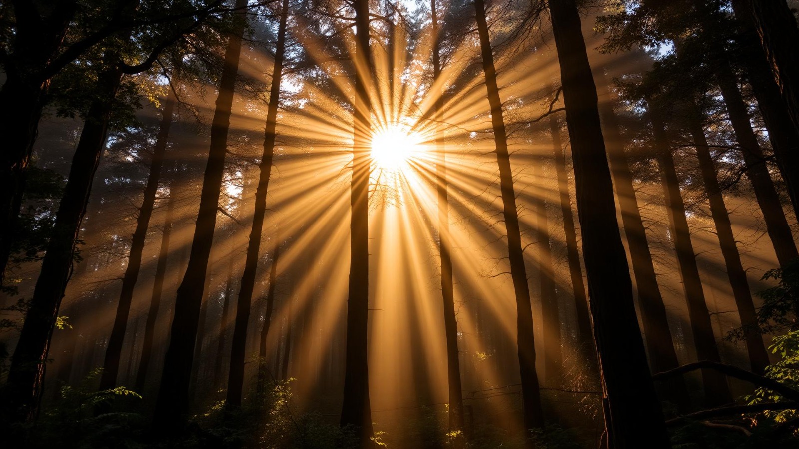 Sonnenstrahlen brechen durch einen Wald